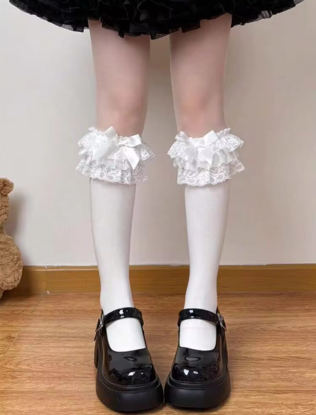 White Lace Ruffle Over-the-Calf Socks with Black Bow – Cute Coquette Thigh-High Stockings for Women
